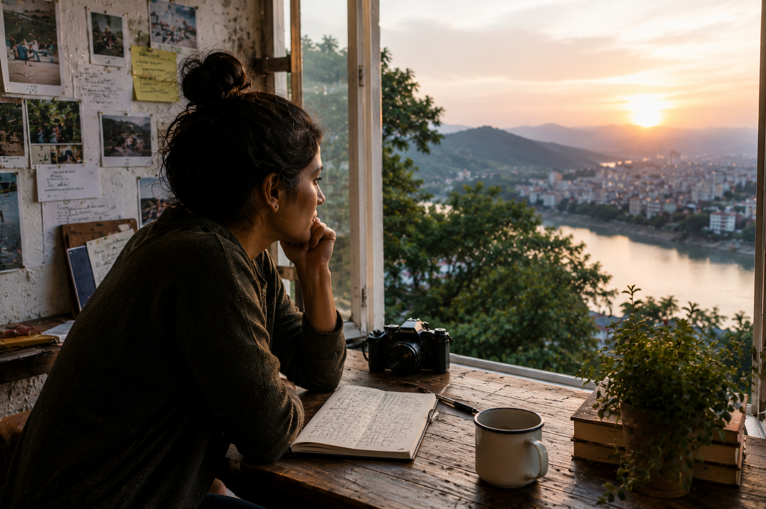 A young woman pauses at a window in a lived-in creative workspace, looking toward a sunlit landscape
