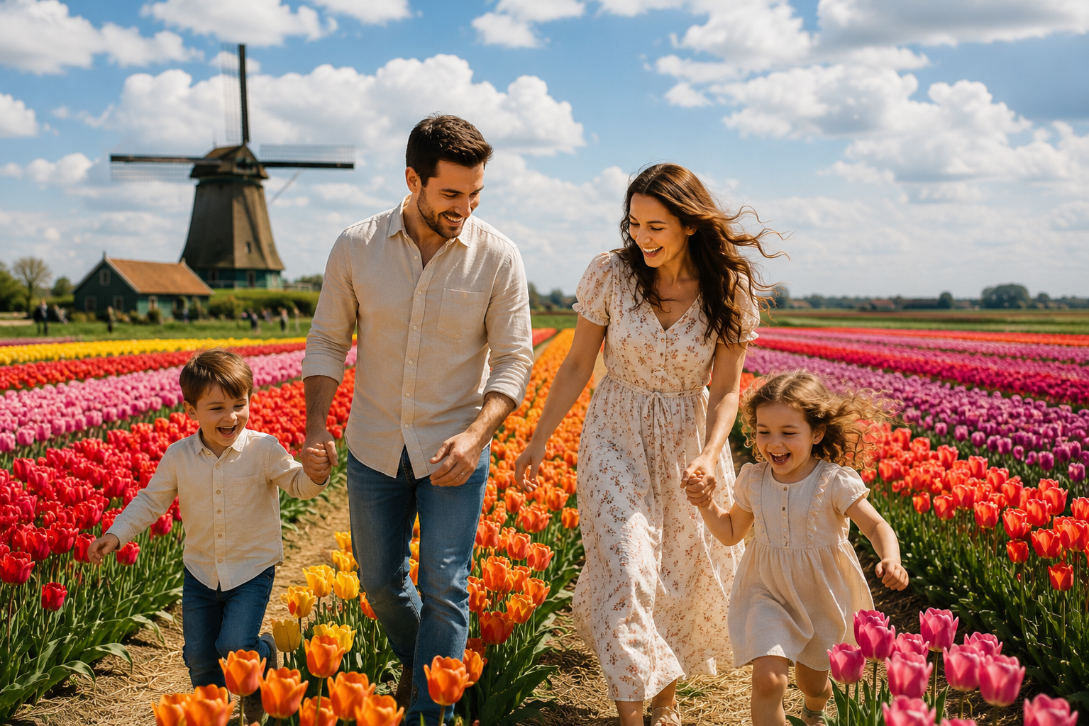 Young parents walking with their two young children through a vibrant European tulip field